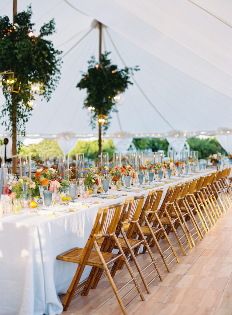 Wedding tablescape in a tent during a Nantucket wedding